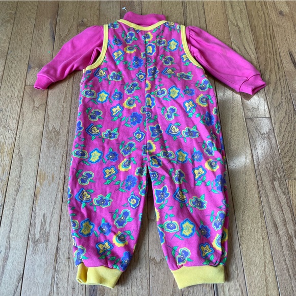 NWT VINTAGE SMALL STEPS PINK YELLOW FLORAL GRAPHIC PRINT OVERALLS SIZE 18 MONTHS - Picture 2 of 8